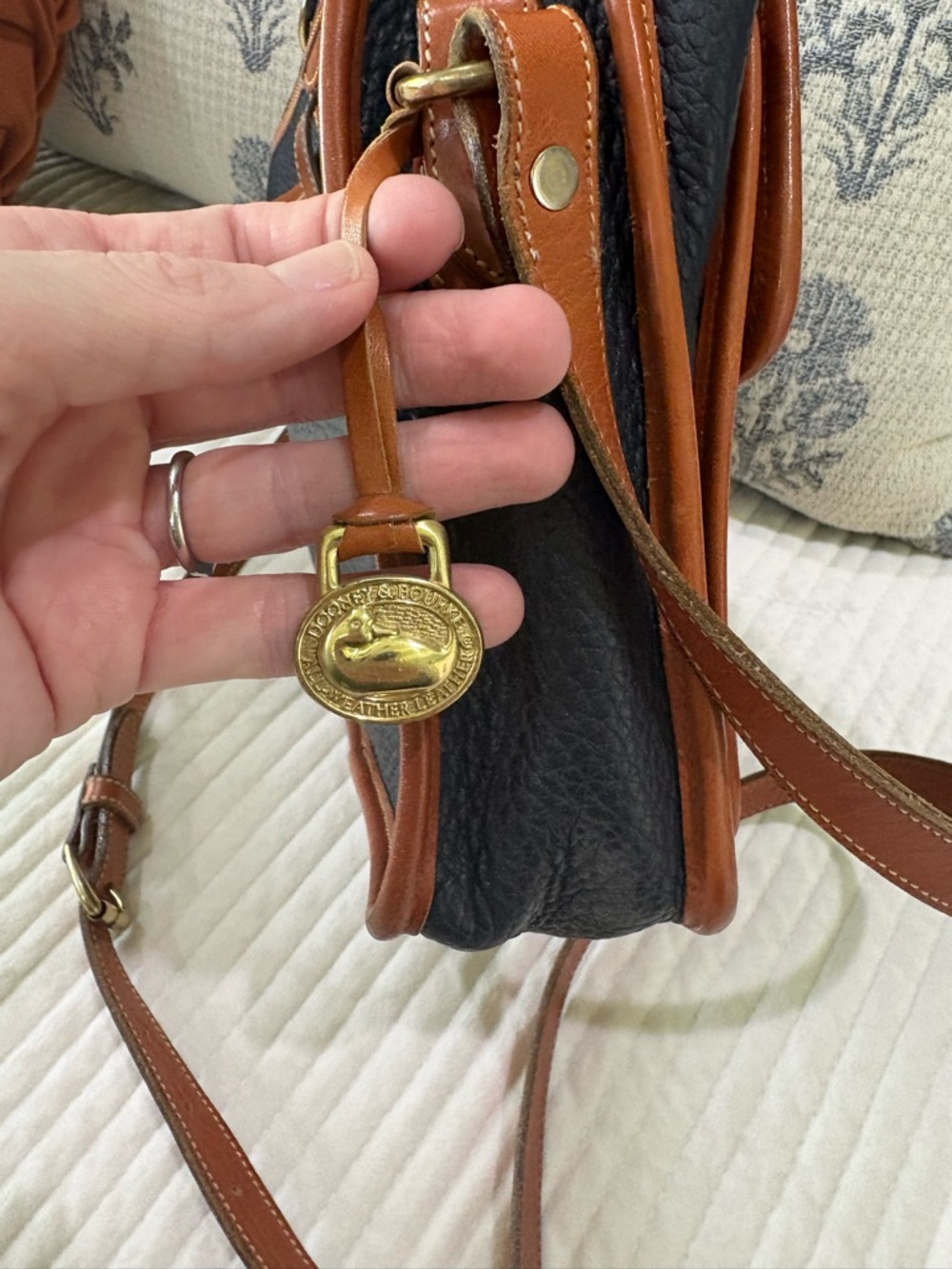 Dooney & Bourke Navy and Tan Leather Crossbody Satchel - Picture 3 of 6